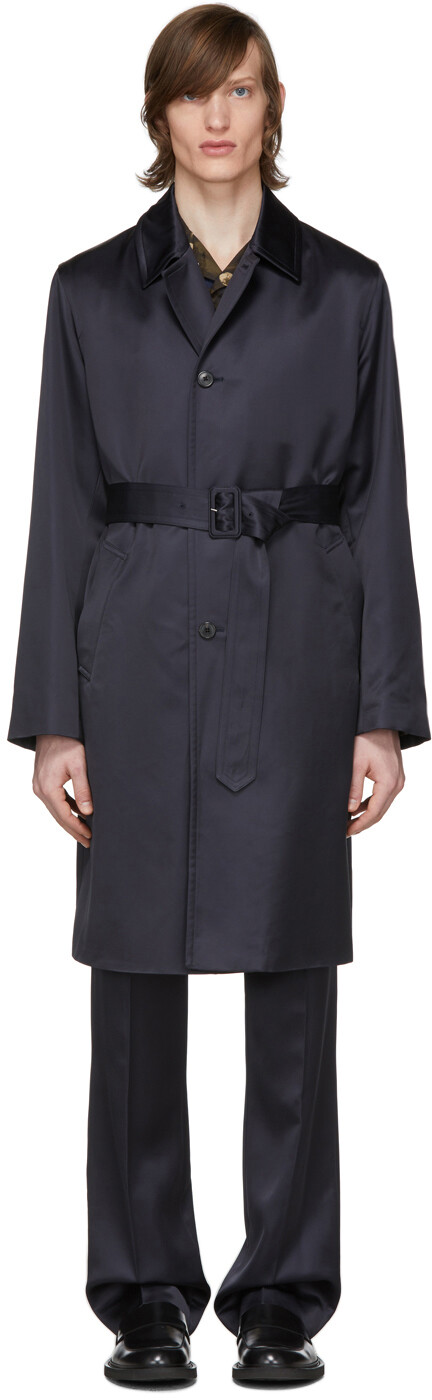 

Темно-синее длинное атласное пальто Dries Van Noten, Синий