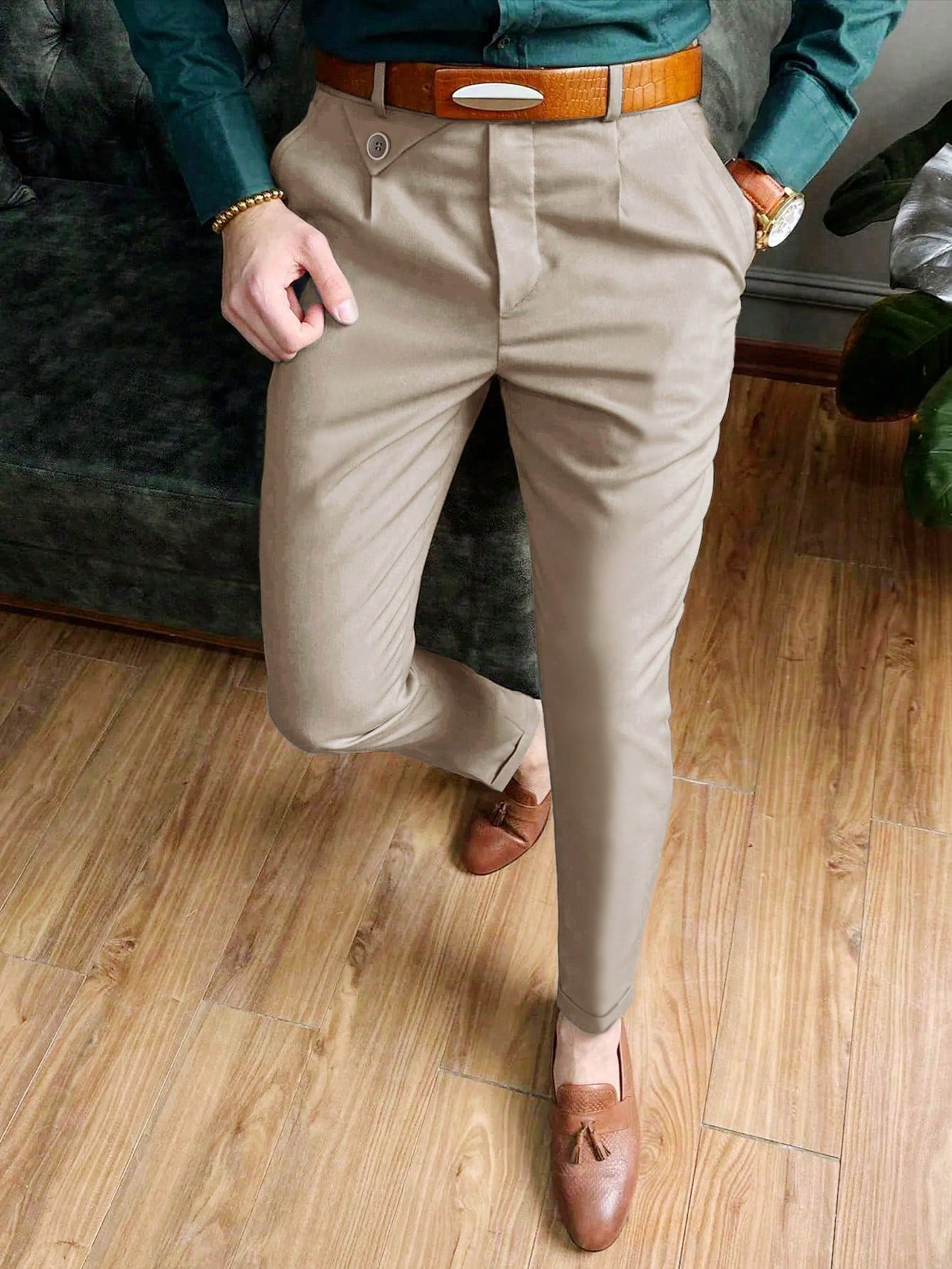 брюки мужские приталенные деловые повседневные костюмные штаны офисные брюки универсальные 28 36 Мужские однотонные классические брюки со складками Manfinity Mode, абрикос