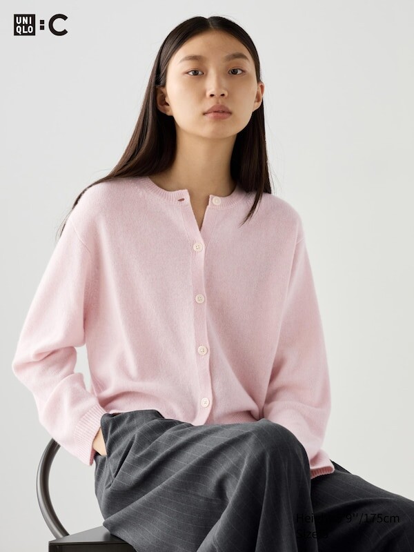 

Короткий кардиган с круглым вырезом из кашемира Uniqlo, розовый
