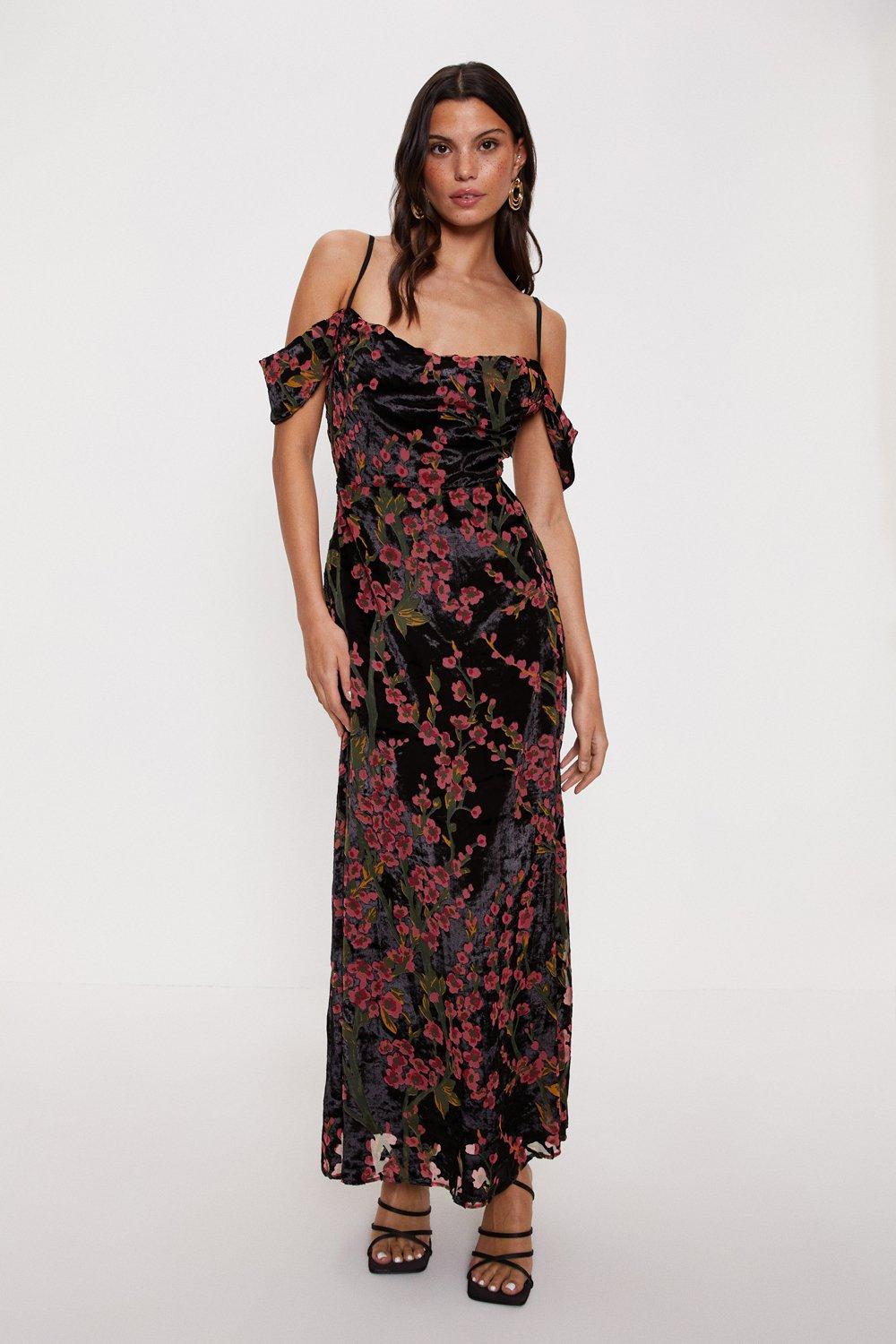 Платье макси Devore с воротником-хомутом и цветочным принтом Oasis, черный