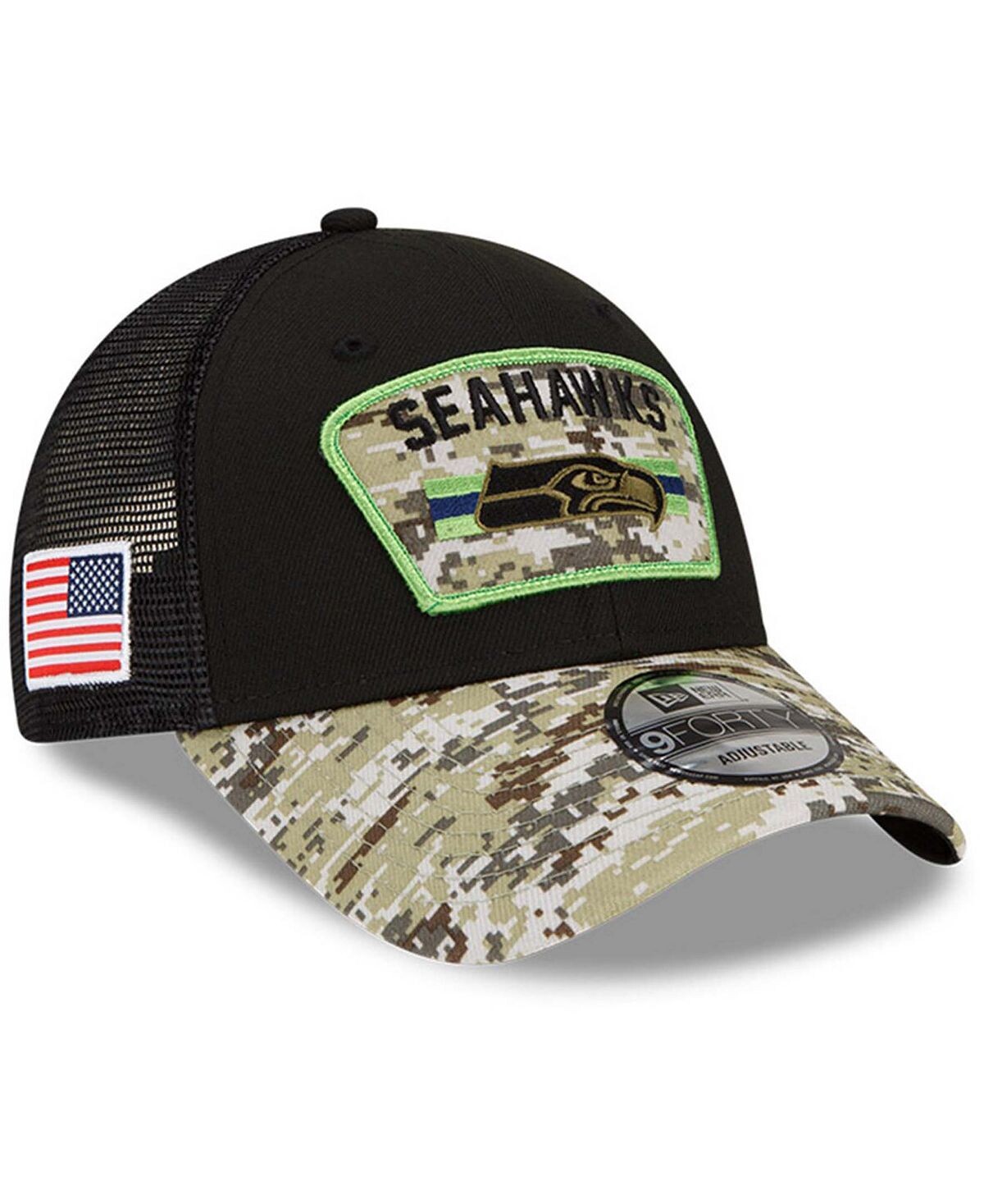 Мужская черная камуфляжная регулируемая кепка Seattle Seahawks 2021 Salute To Service Trucker 9FORTY Snapback New Era