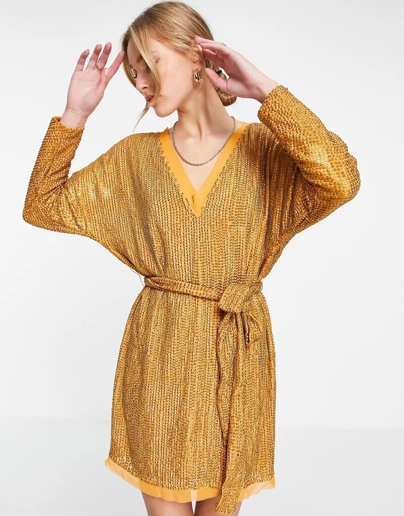 

Оранжевое мини-платье с линейными пайетками и завязкой на талии ASOS