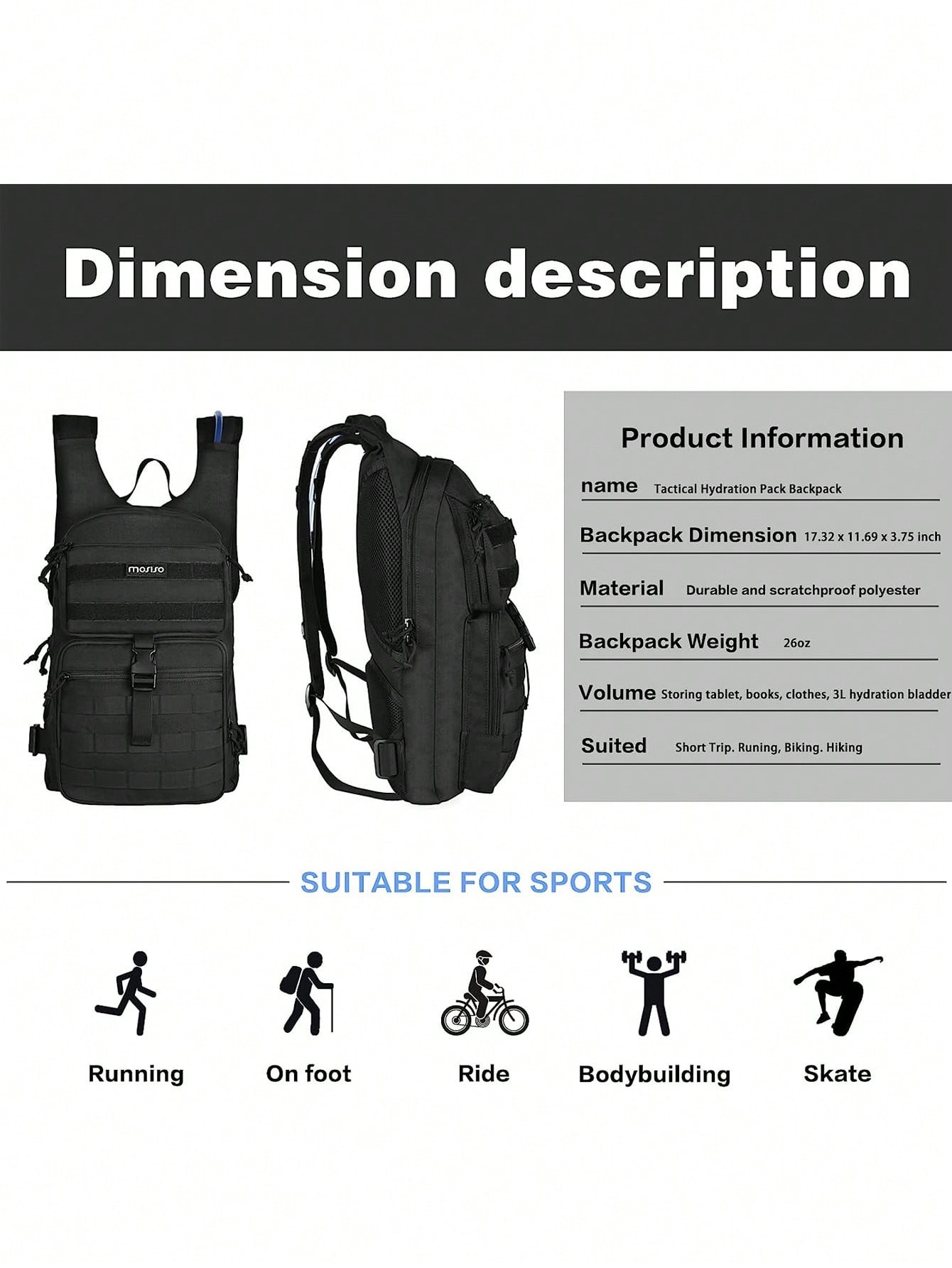 цена MOSISO Тактический рюкзак для гидратации для мужчин и женщин, черный