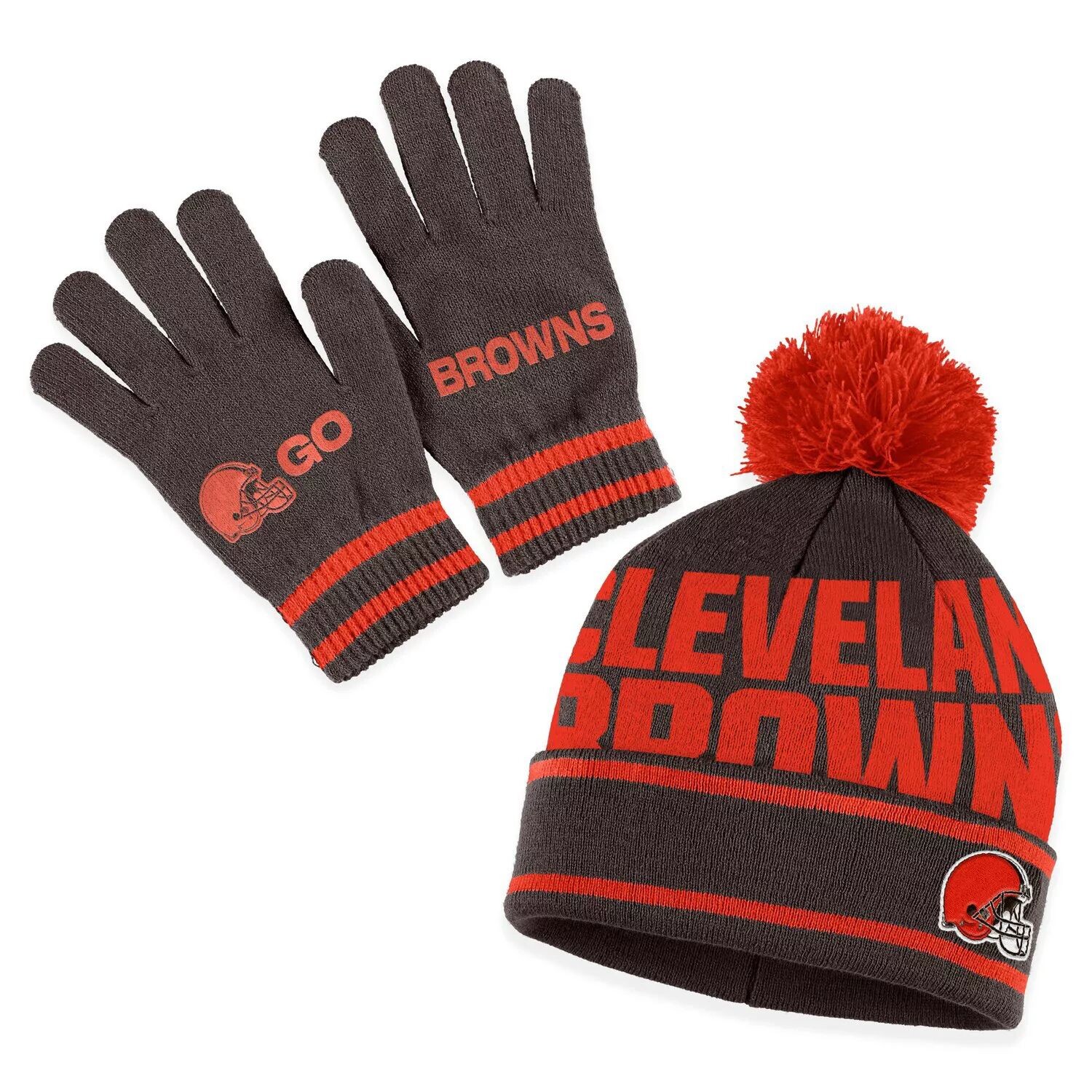 

Женская одежда Erin Andrews Brown Cleveland Browns Вязаная шапка с двойными жаккардовыми манжетами, комплект с помпоном и перчатками
