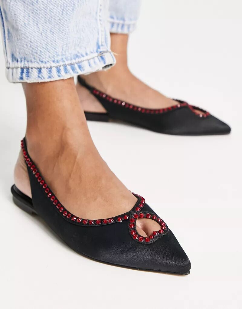 

Черные атласные балетки ASOS Lust с драгоценными камнями в форме сердечек