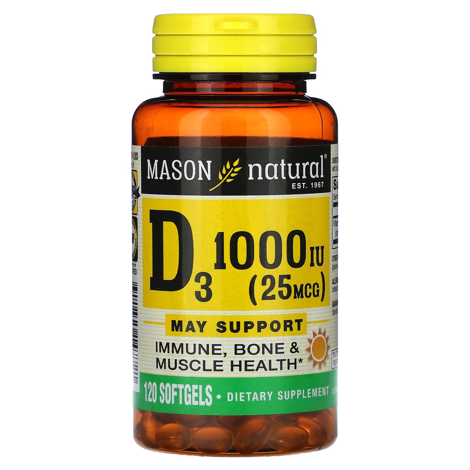 

Витамин D3, 25 мкг (1000 МЕ), 120 капсул, Mason Natural