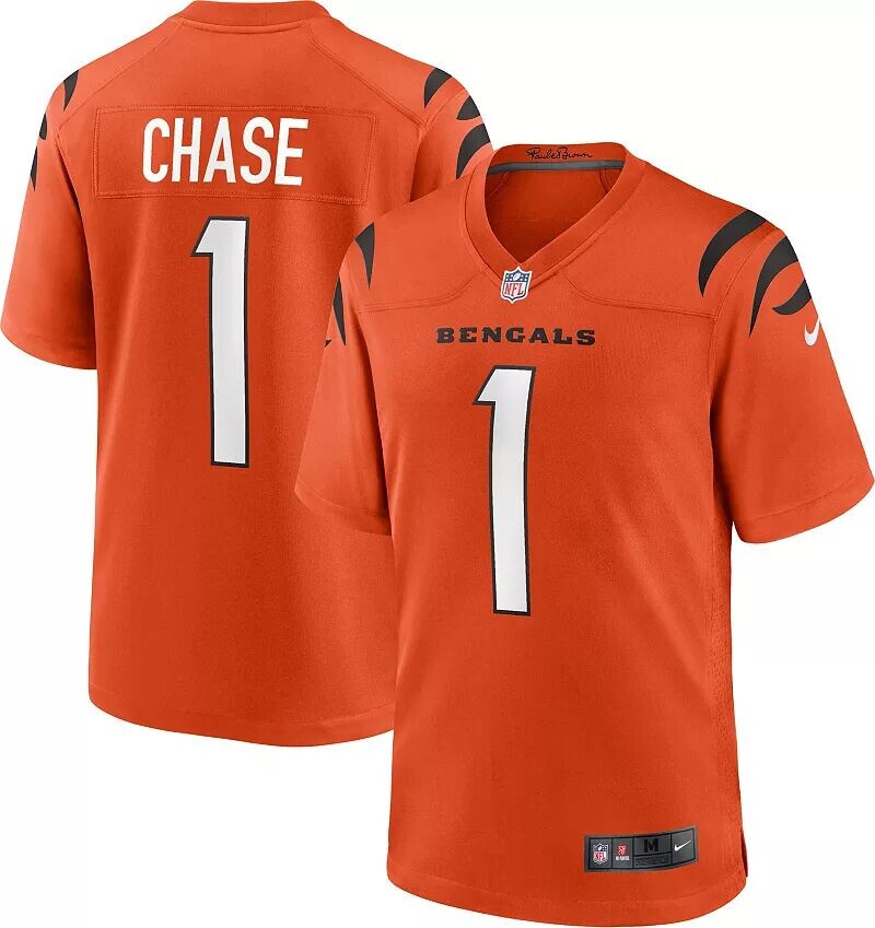 

Мужское джерси Nike Cincinnati Bengals Ja'Marr Chase #1 оранжевого цвета