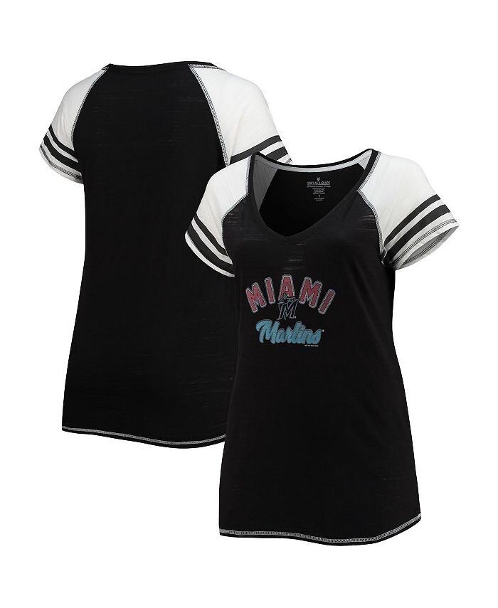 

Женская черная футболка Miami Marlins Curvy Colorblock Tri-Blend реглан с v-образным вырезом Soft As A Grape, черный