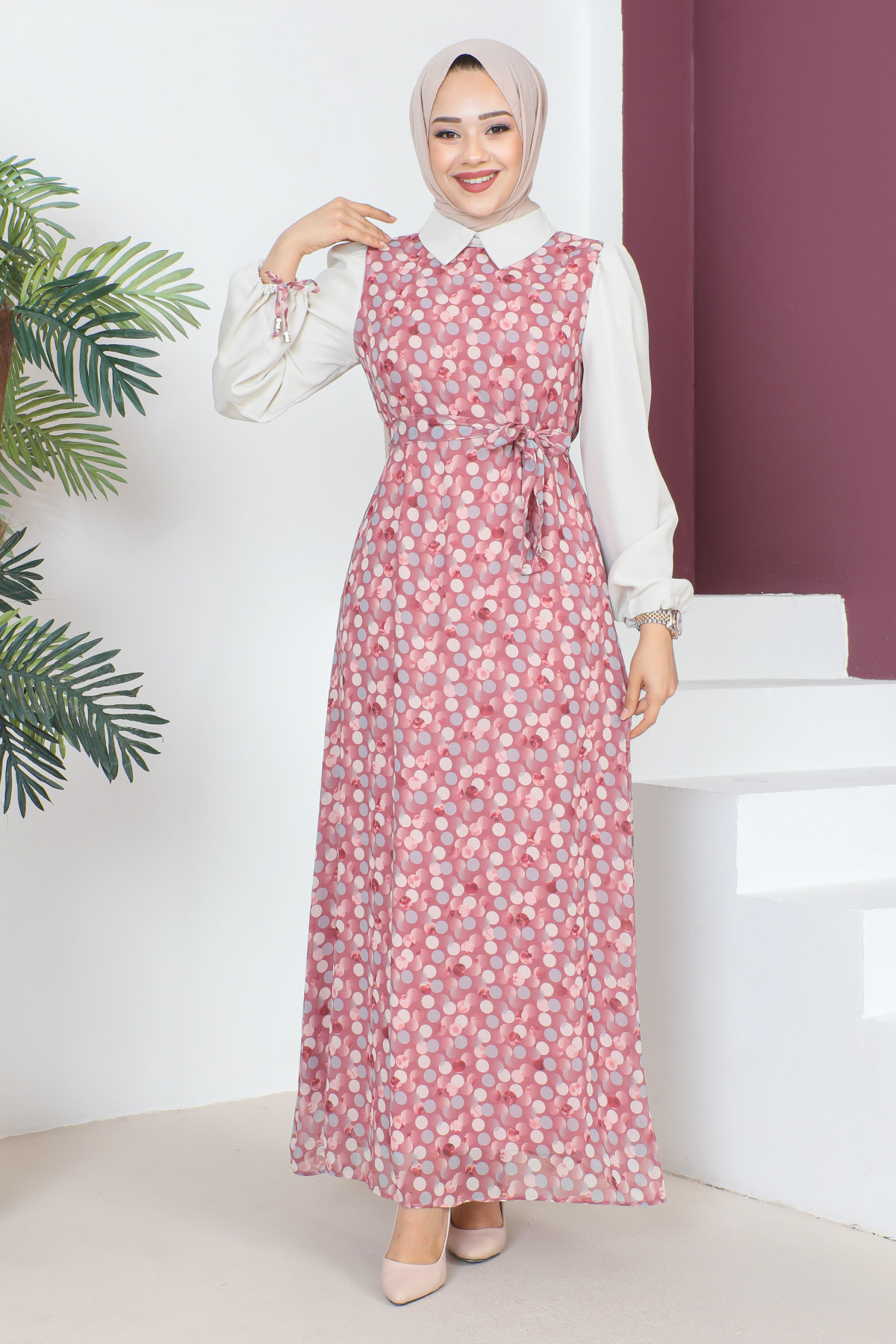цена Шифоновое платье с завязками на рукавах TSD230602 Розовый Tesettür Dünyası