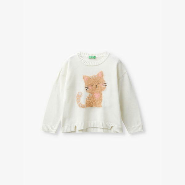 

Вязаный джемпер Fluffy-Cat, классический крой, 18 месяцев-6 лет Benetton, бежевый