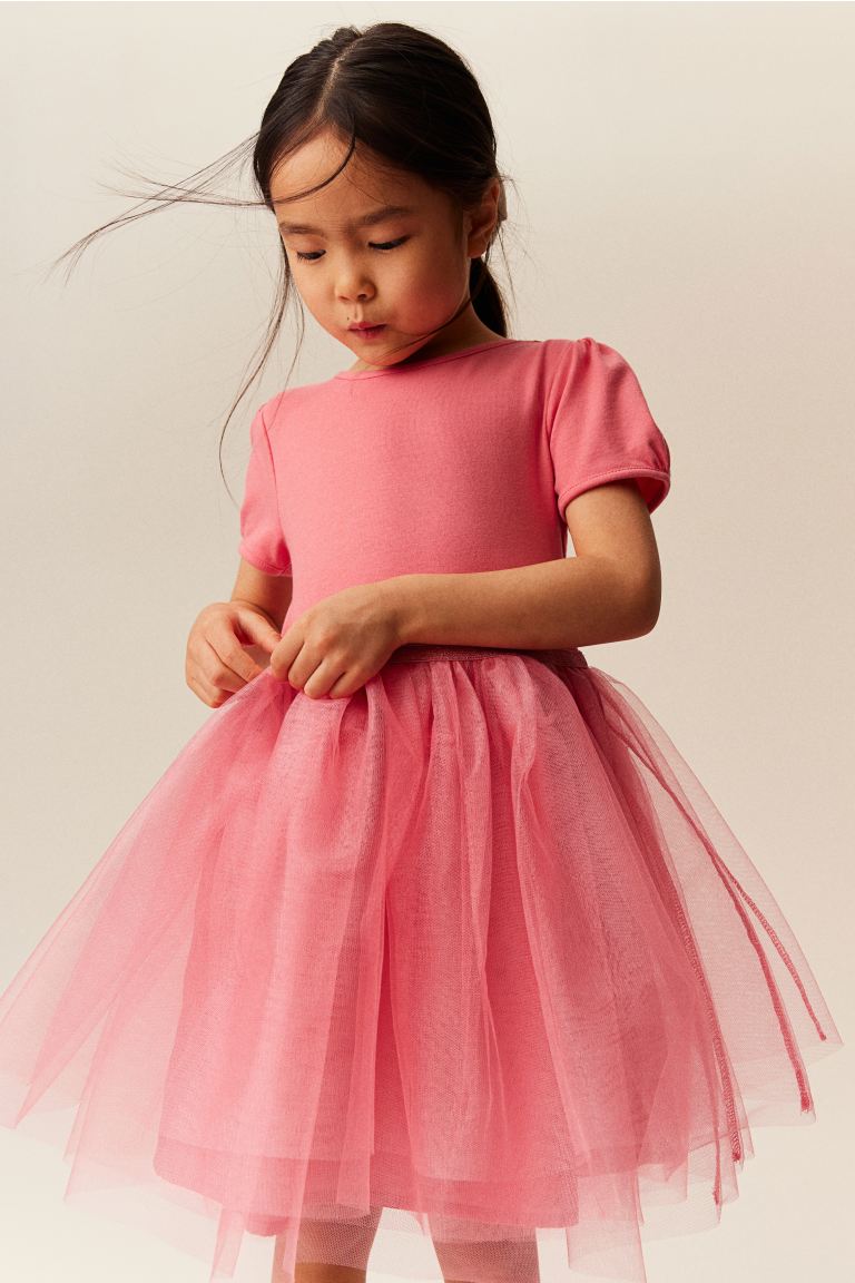 Платье с тюлевой юбкой и рукавами-буфами H&M, розовый