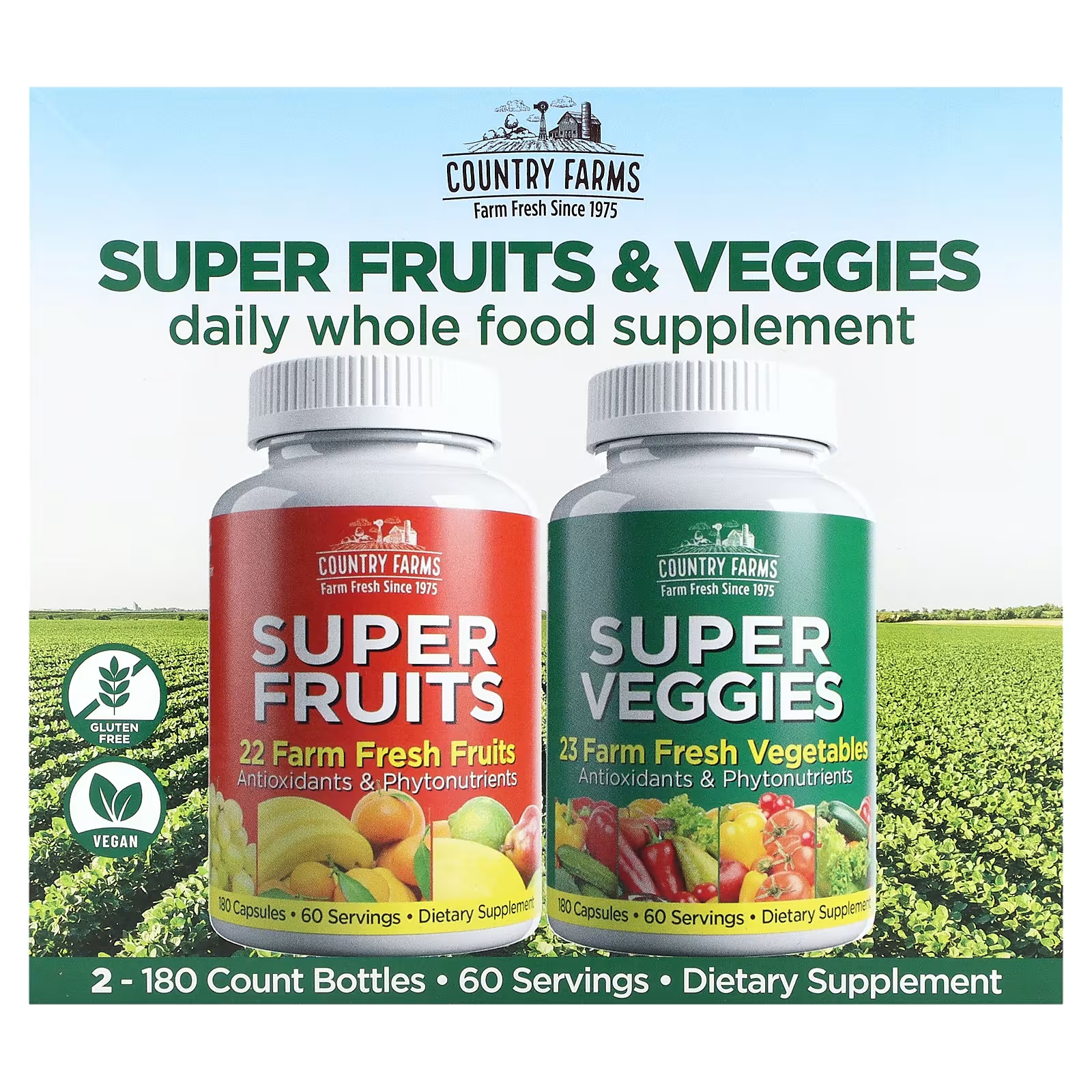 Country Farms Super Fruits & Veggies, 2 упаковки по 180 капсул в каждой country farms суперфрукт и овощи формула с натуральными фруктами и овощами 60 капсул