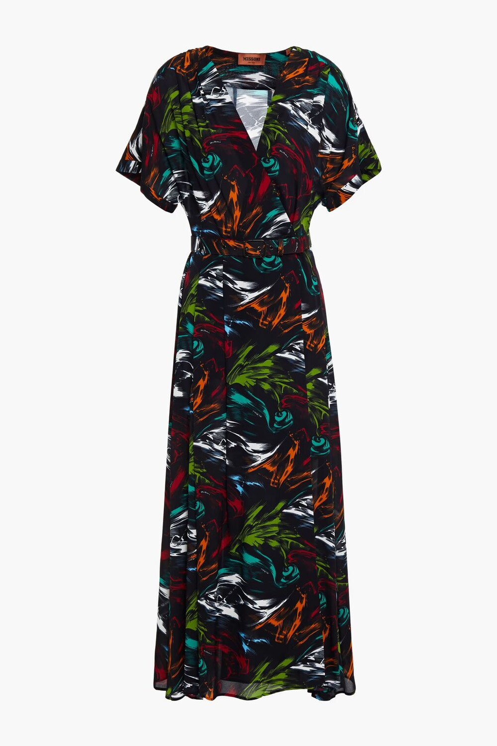 

Плиссированное платье макси из крепа с поясом и принтом Missoni, черный