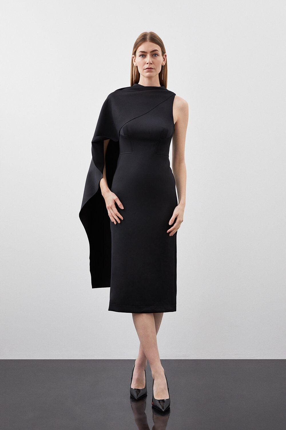 

Тканое платье миди с деталью Scuba Waterfall Karen Millen, черный
