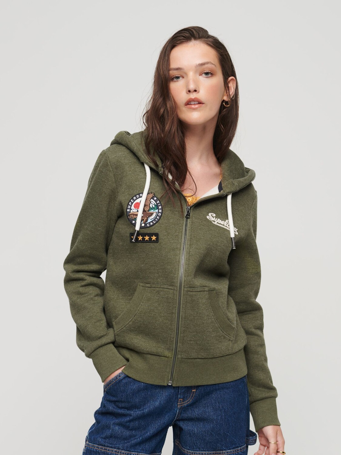 

Толстовка на молнии с украшением на заказ Superdry, бережливая оливковая марль, Зеленый
