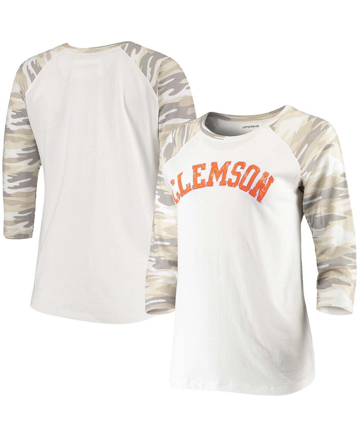 

Женская белая камуфляжная футболка Clemson Tigers Boyfriend Baseball Raglan с рукавами 3/4 Camp David