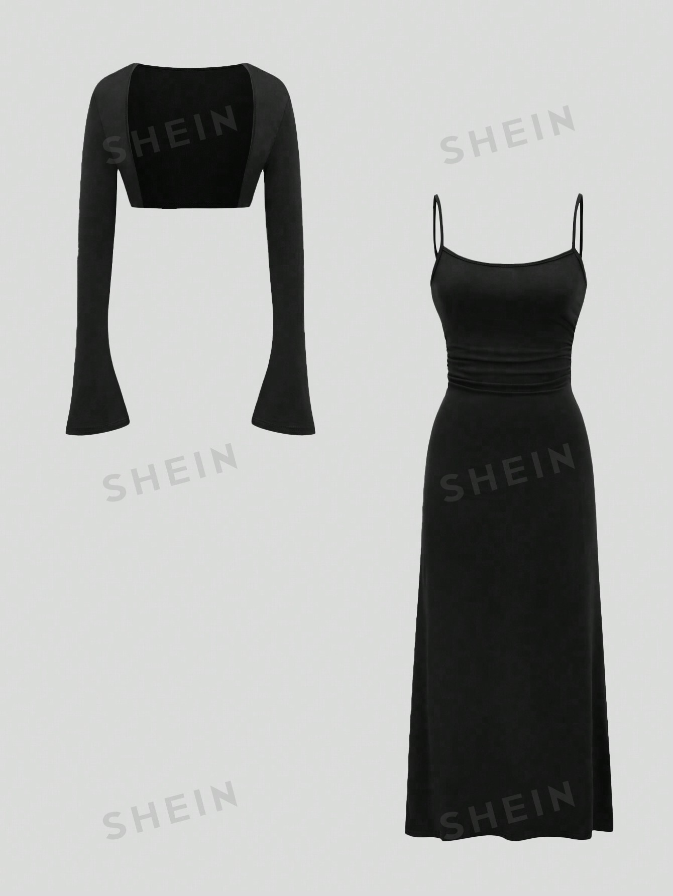 SHEIN MOD женское однотонное платье-комбинация с плиссированной талией и открытой передней частью с рукавами-колокольчиками, черный