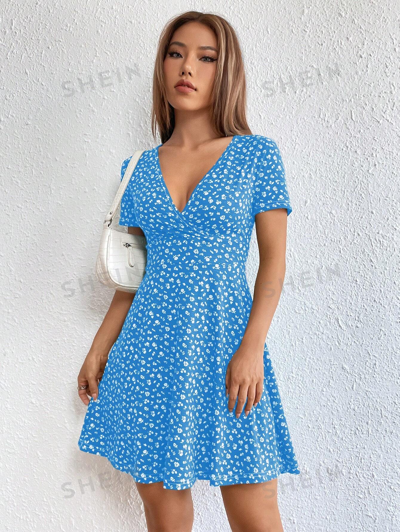 SHEIN EZwear Женское платье с глубоким v-образным вырезом и короткими рукавами с принтом, синий и белый
