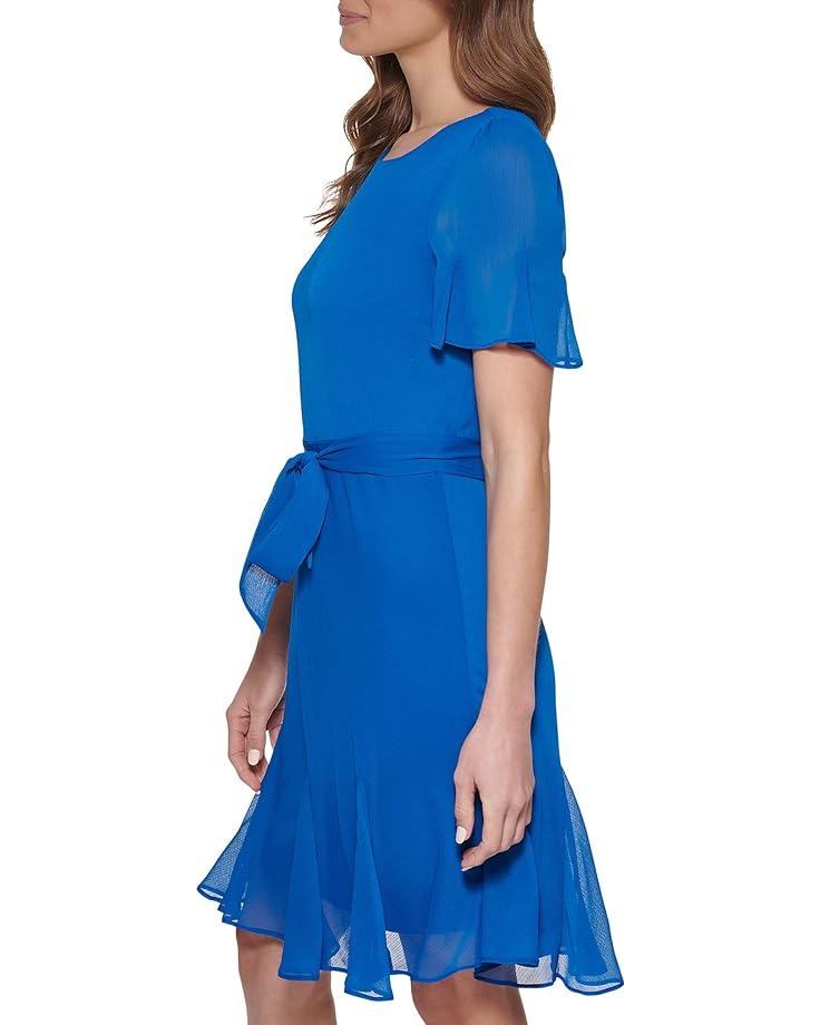 цена Платье DKNY Godet Short Sleeve and Skirt w/ Tie Waist Dress, цвет Blue Lagoon