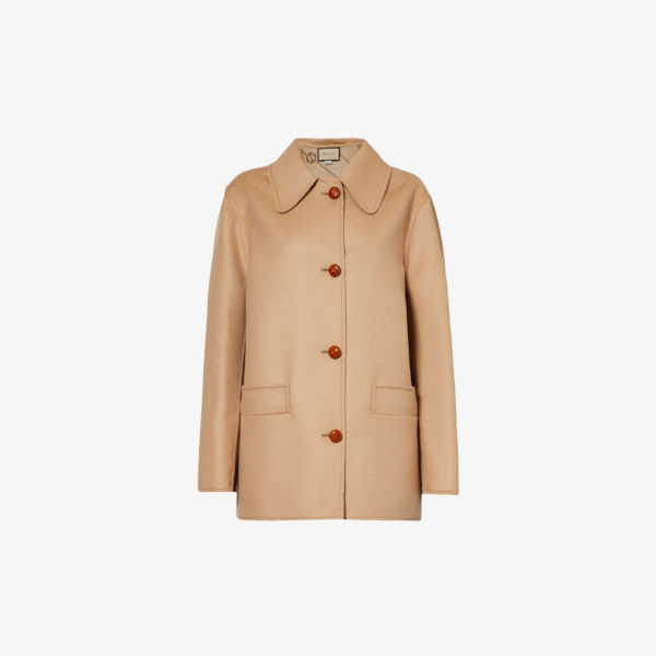 Пальто из смесовой шерсти и шелка с необработанным воротником Gucci, коричневый