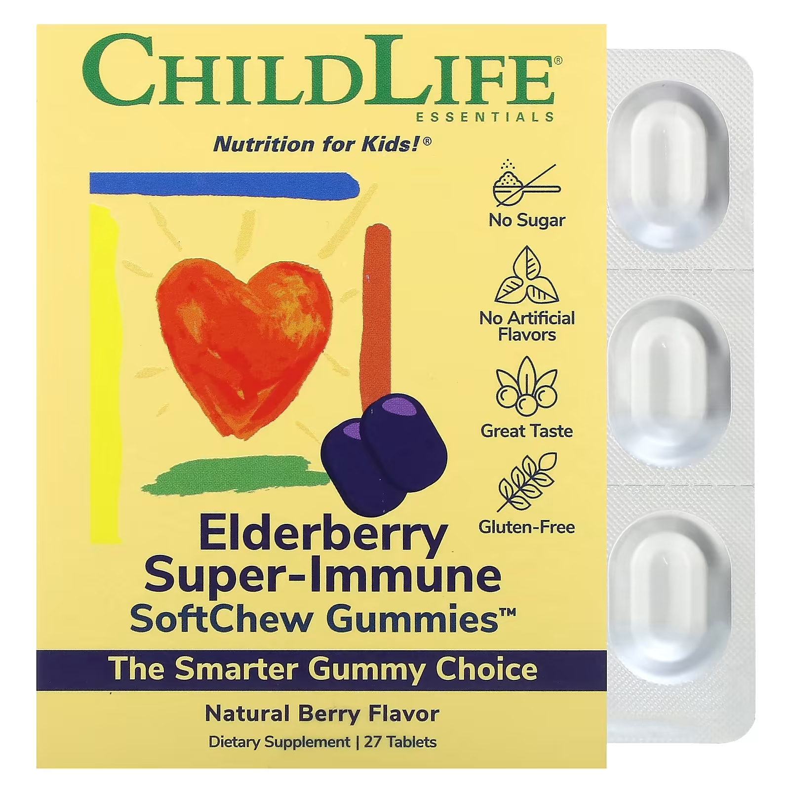 fruily organic elderberry kids immune with vitamins c Kids Elderberry Super-Immune SoftChew Gummies Natural Berry 27 таблеток ChildLife Essentials