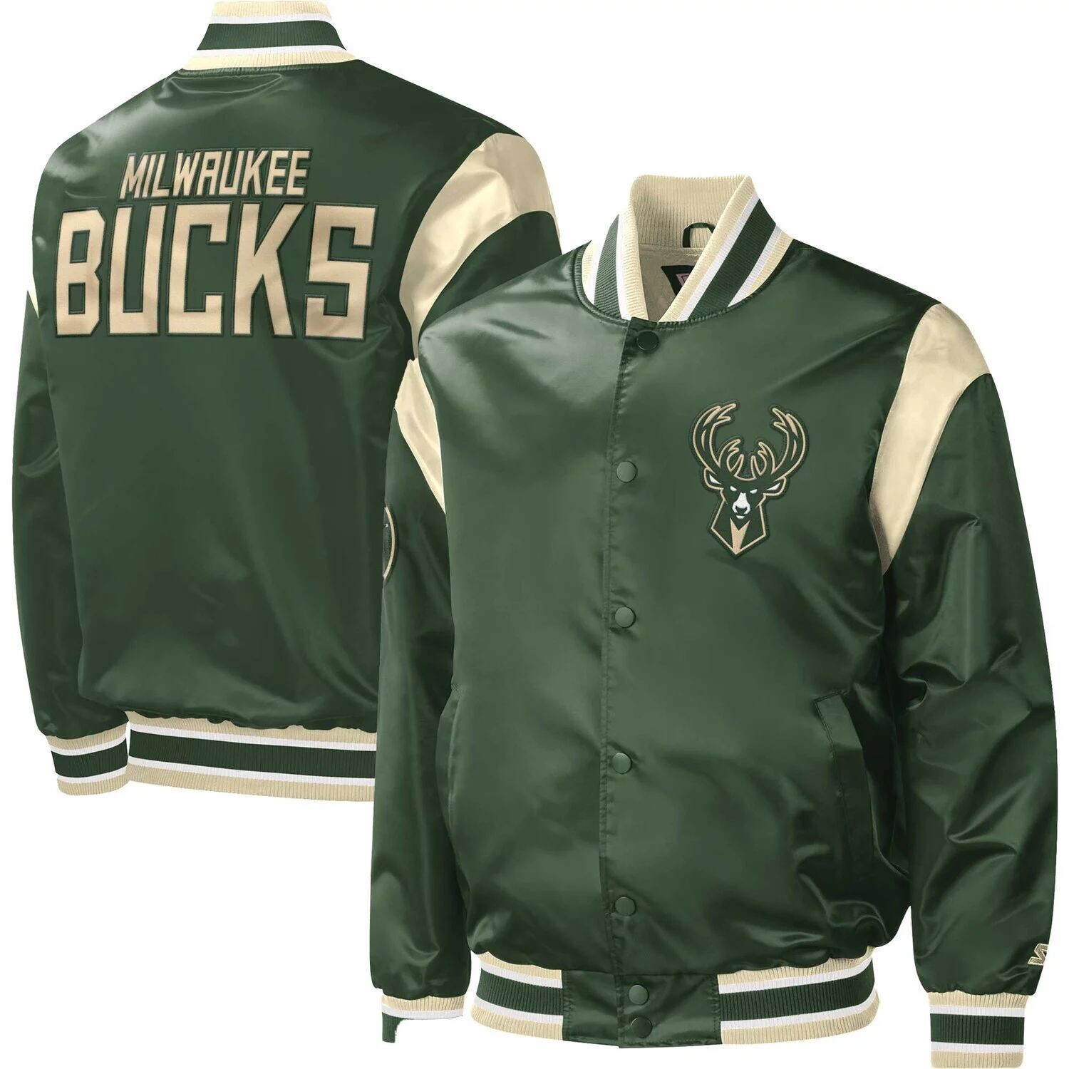 

Мужская атласная университетская куртка с длинными кнопками Hunter Green Milwaukee Bucks Force Play Starter