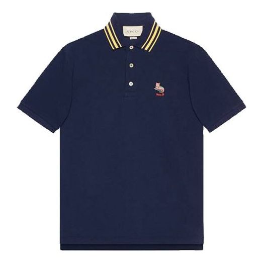 Футболка GUCCI Cat Logo Embroidered Polo 'Navy', синий