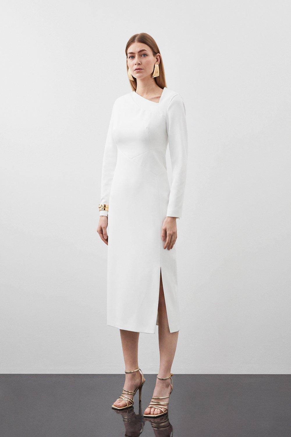 Платье макси с асимметричным вырезом из эластичного крепа Karen Millen, белый