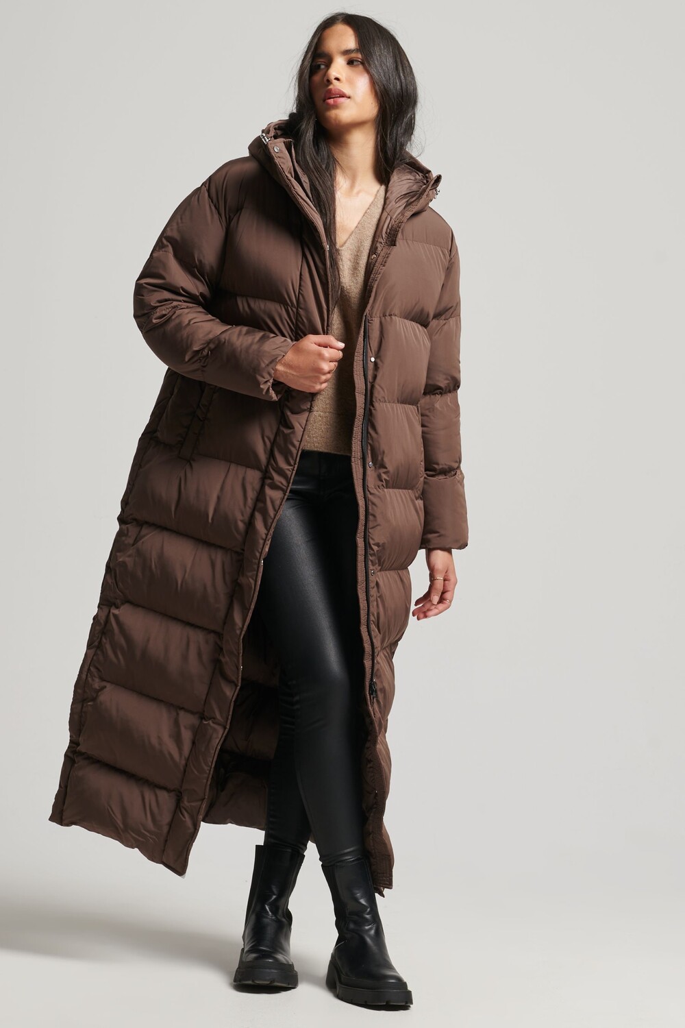 

Пуховик макси с капюшоном Superdry, коричневый