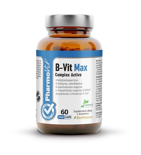 Витамин В в капсулах Pharmovit Clean Label B-Vit Max, 60 шт капсулы поддерживающие иммунную систему pharmovit clean label wiesiołek olej tłoczony na zimno 60 шт
