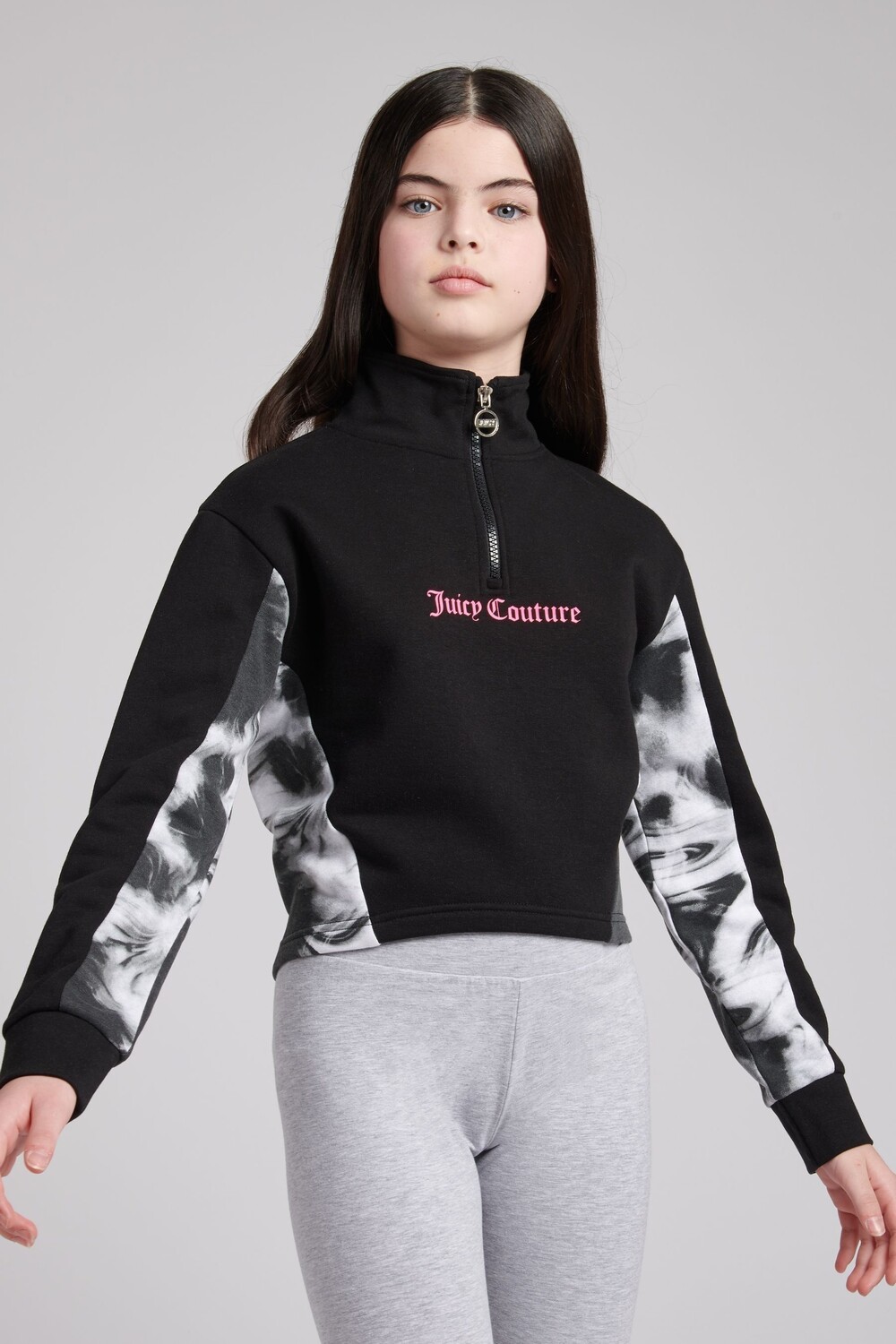 

Черная толстовка для девочек с меланжевым принтом и молнией на 1/4 Juicy Couture, черный