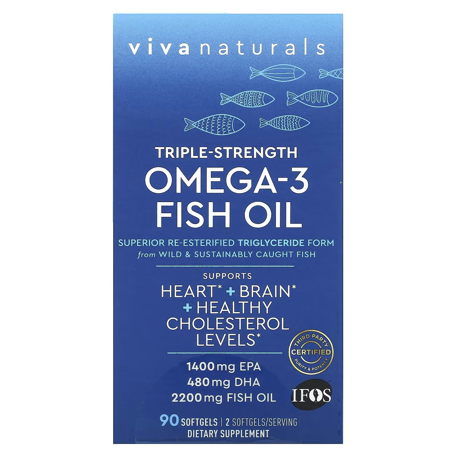 Рыбий жир с омега-3 Viva Naturals 1100 мг тройной силы, 90 мягких таблеток