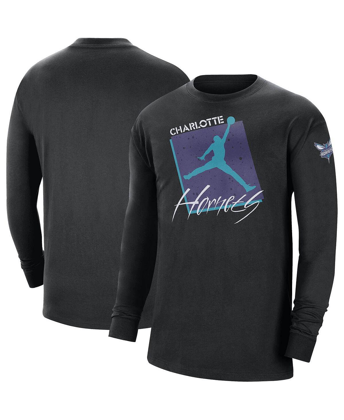 Мужская брендовая черная футболка Charlotte Hornets Courtside Max 90 в винтажном стиле с длинным рукавом Statement Edition Jordan