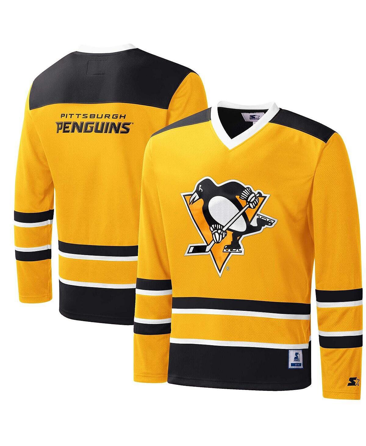 

Мужская золотисто-черная футболка из джерси в клетку Pittsburgh Penguins с v-образным вырезом и длинными рукавами Starter, Черный