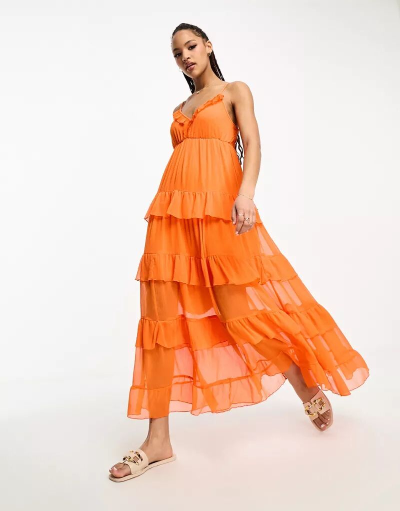 Оранжевое платье макси с бретельками Vero Moda с рюшами