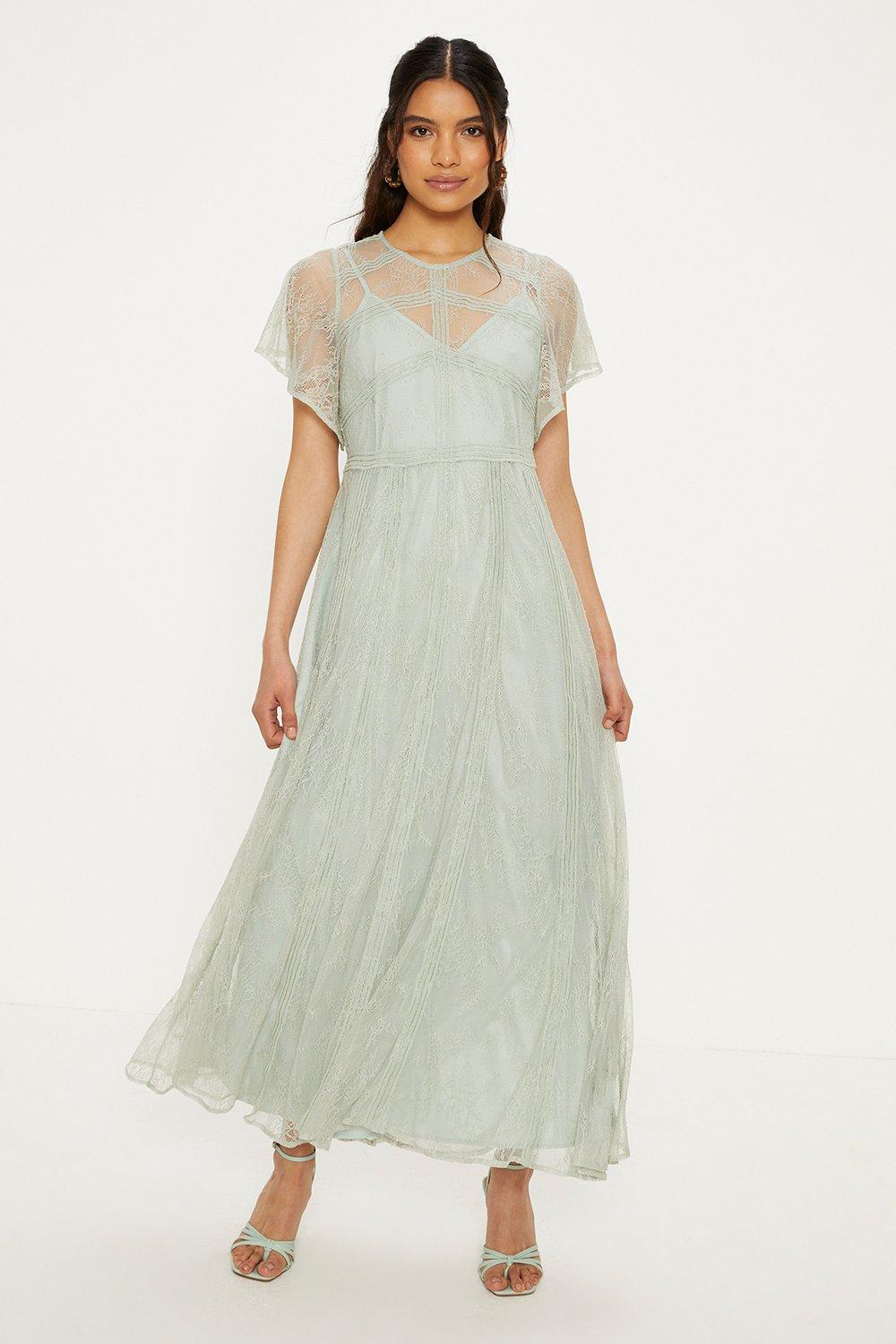 Нежное кружевное платье макси премиум-класса Oasis, зеленый кружевное свадебное платье а силуэта с рукавами крылышками платья невесты в стиле бохо 2021 блестящие платья принцессы для свадебной вечери