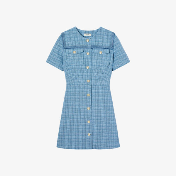цена Твидовое мини-платье с бахромой и бахромой из смесового хлопка Sandro, цвет bleus