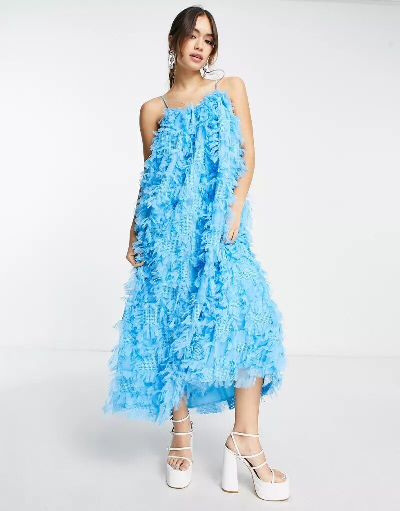 

Синее платье миди на бретелях из фактурной сетки ASOS