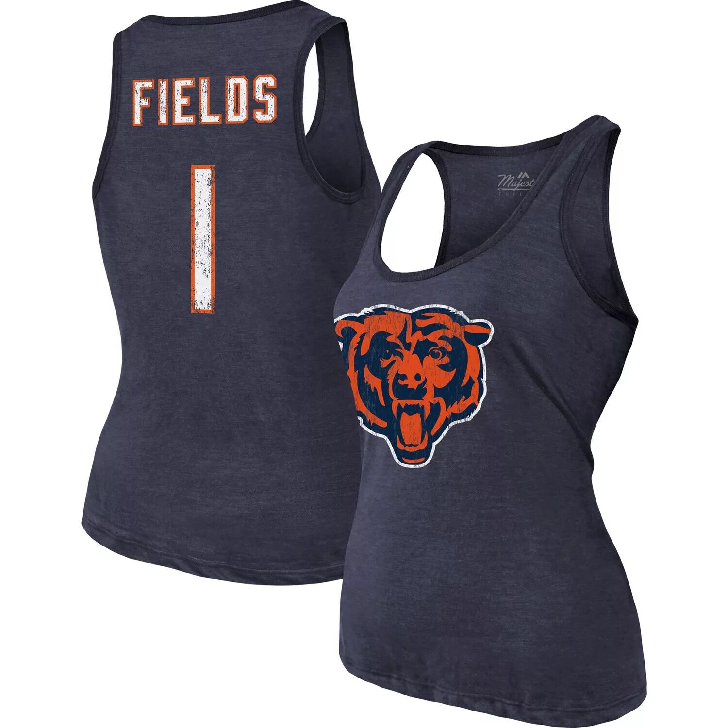 

Женская майка Majestic Threads Justin Fields темно-синего цвета Chicago Bears с именем и номером игрока, футболка Tri-Blend Majestic, Синий
