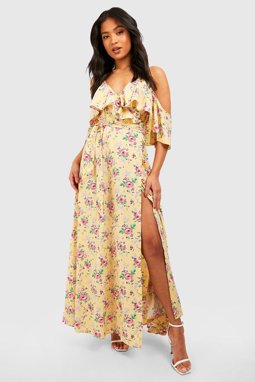 

Платье макси с цветочным запахом и холодными плечами Boohoo, желтый