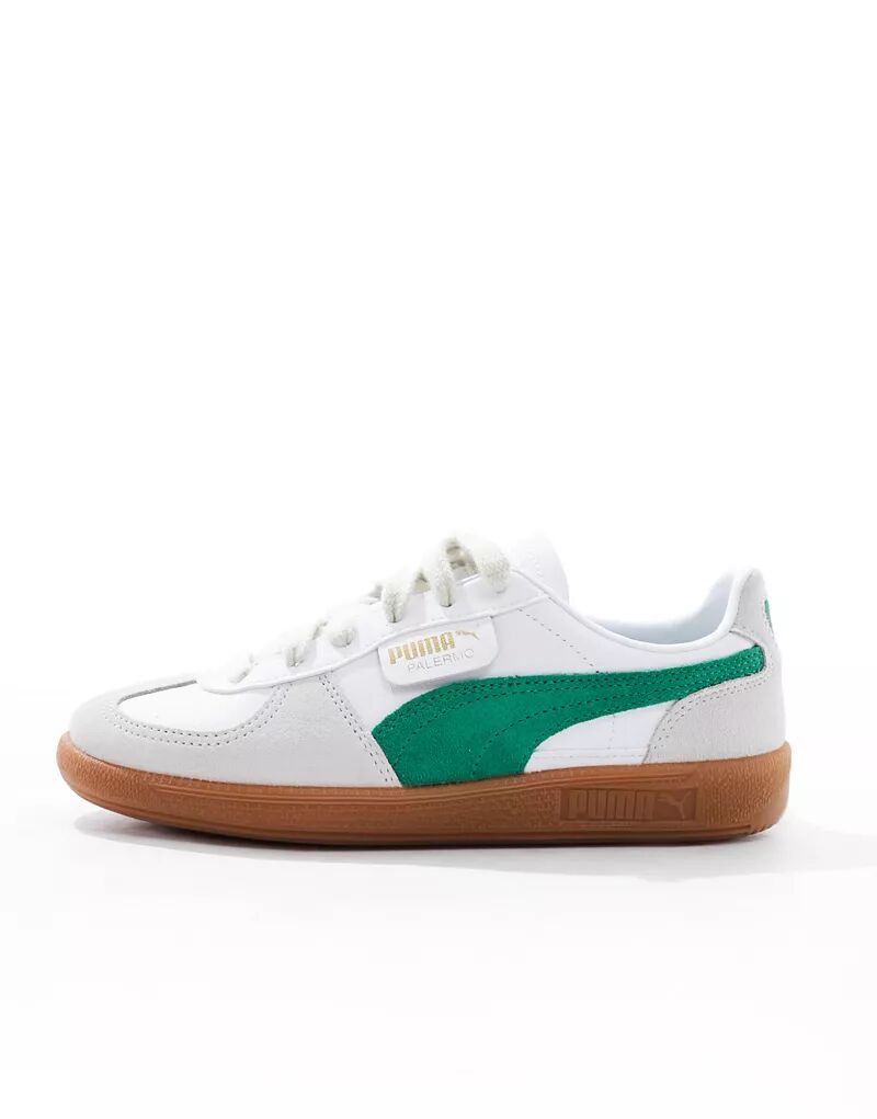 Белые кожаные кроссовки PUMA Palermo с зелеными деталями