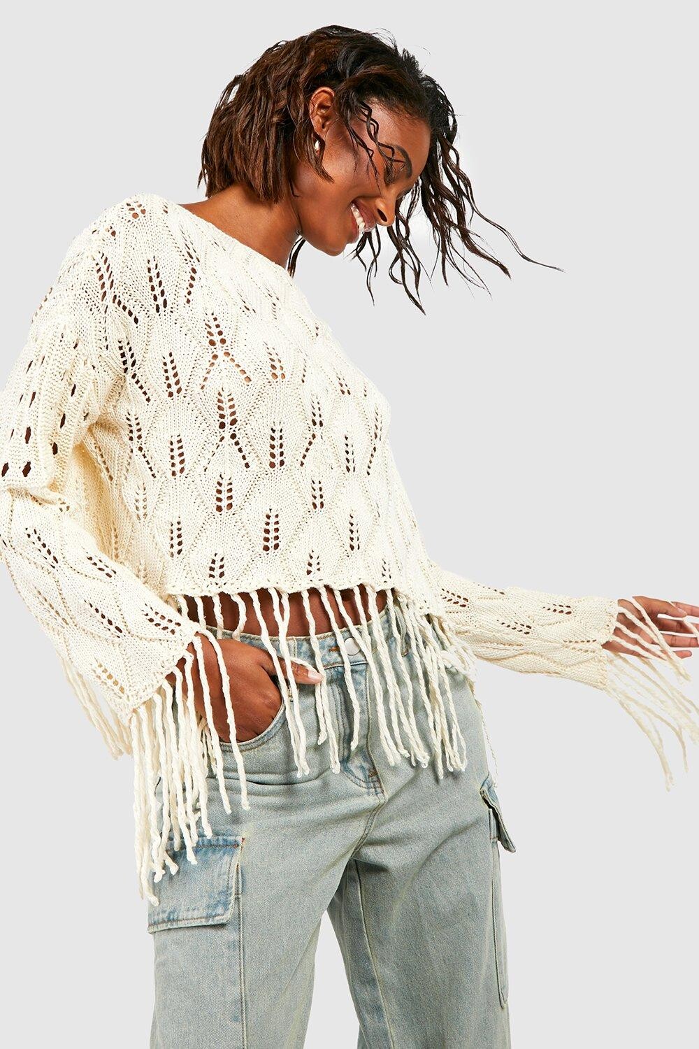 

Укороченный свитер с кистками крючком Boohoo, экру