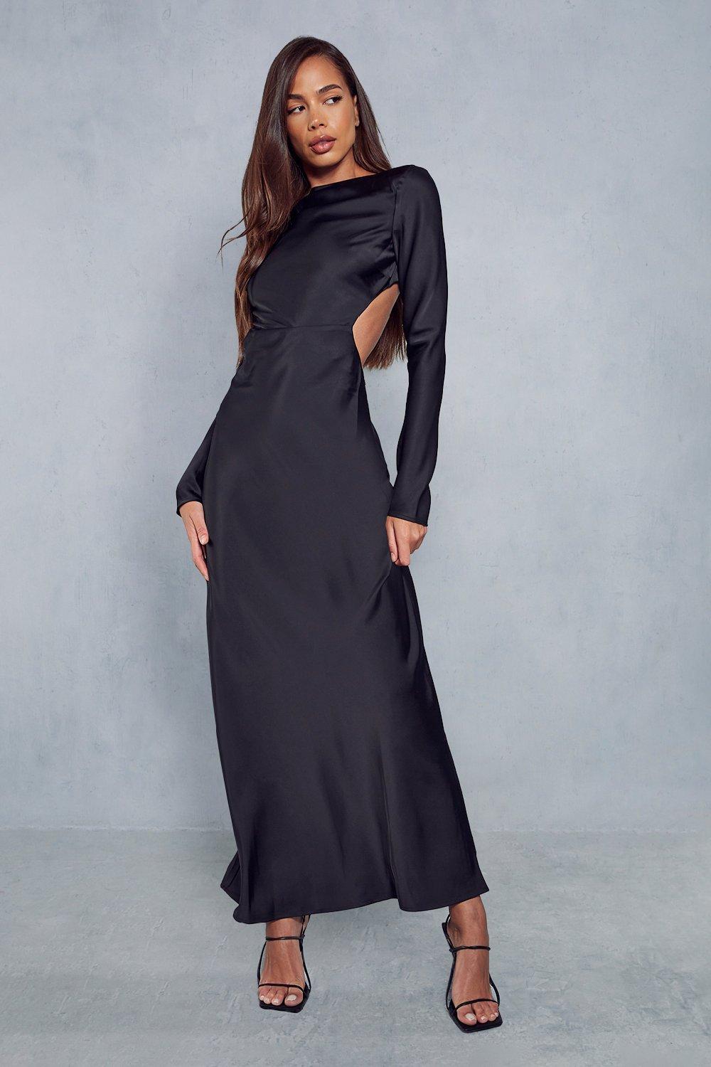 цена Атласное платье макси с длинными рукавами и открытой спиной с разрезным вырезом MISSPAP, черный