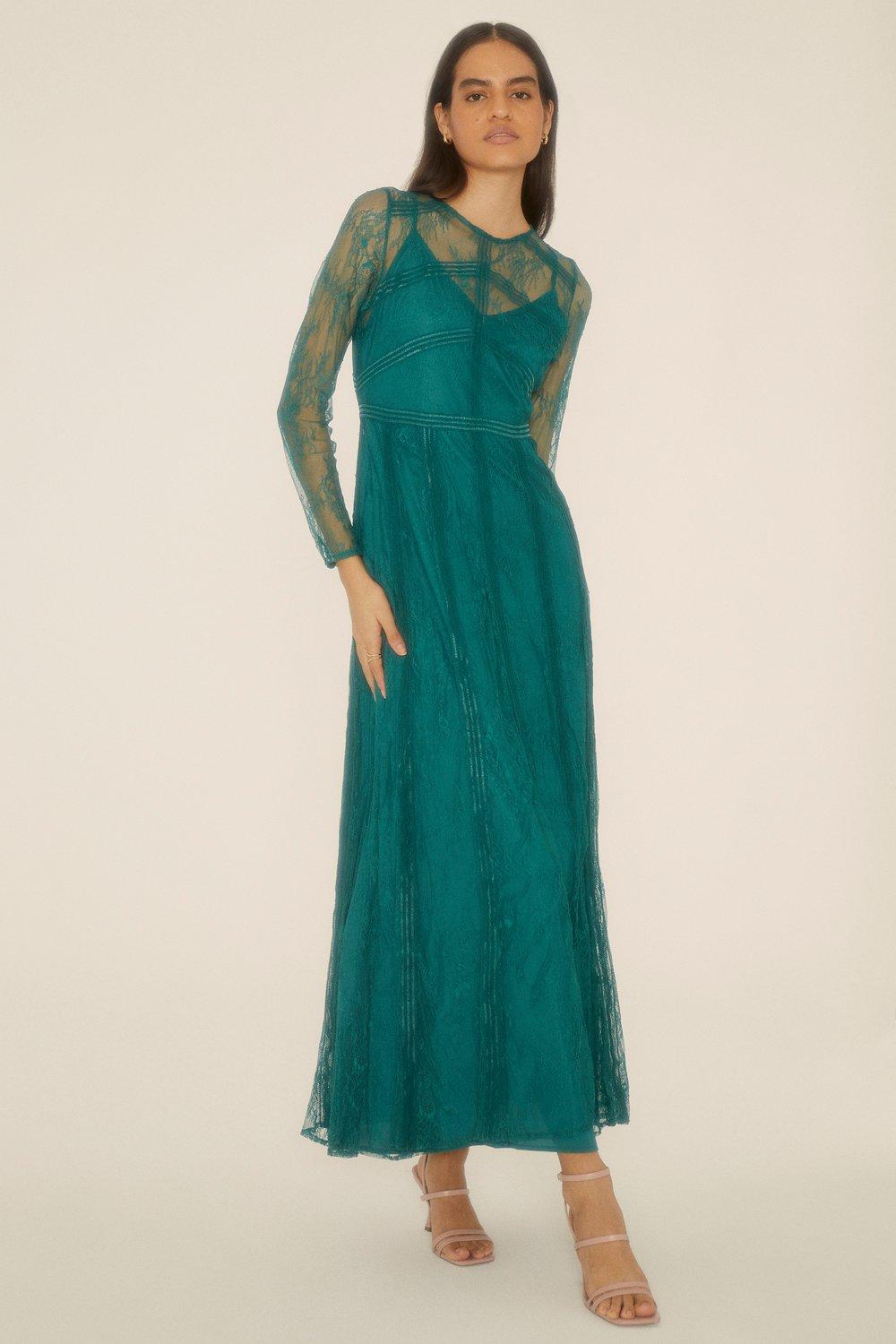Нежное кружевное платье макси с длинными рукавами Oasis, зеленый