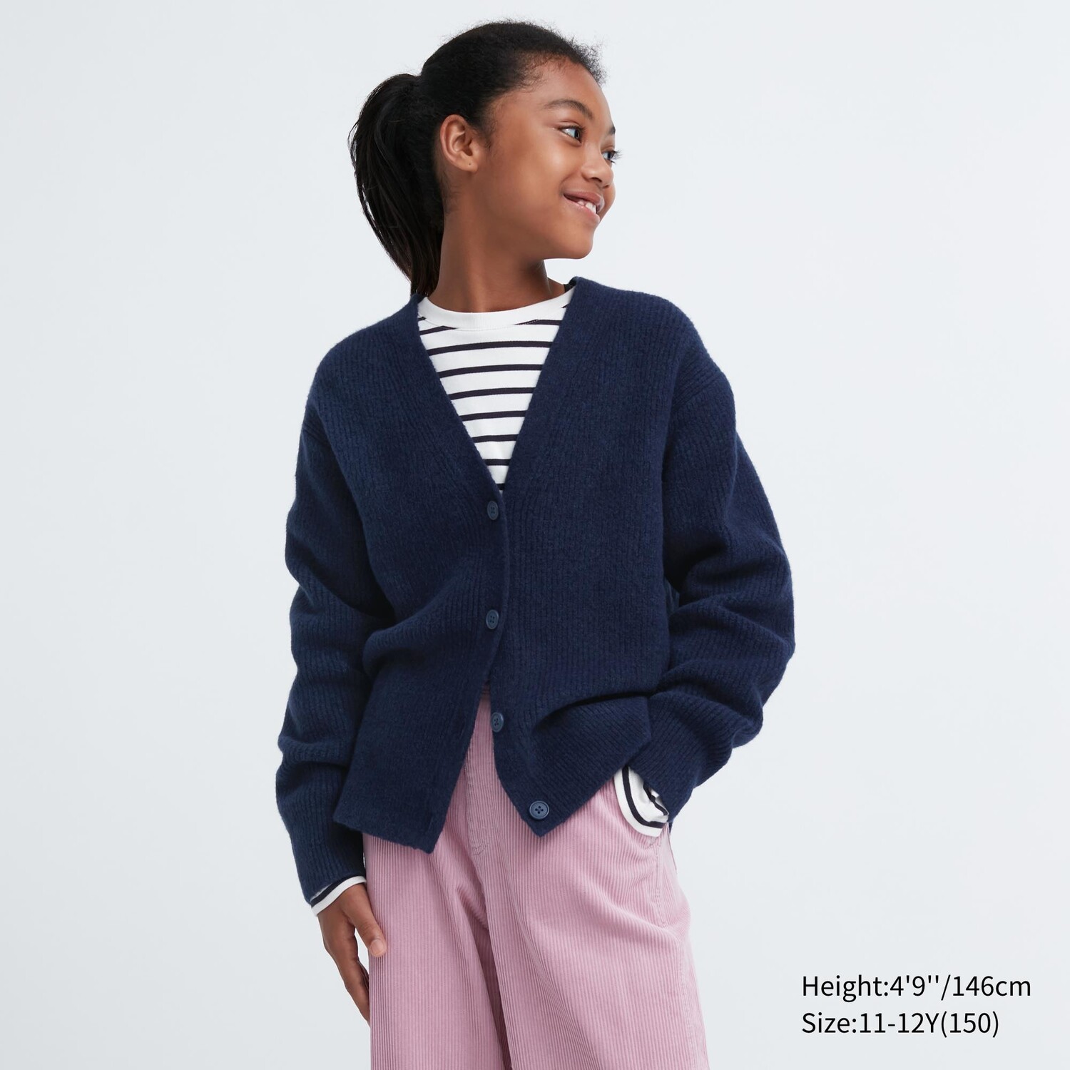 

Кардиган из пряжи суфле для девочек с V-образным вырезом Uniqlo, темно-синий