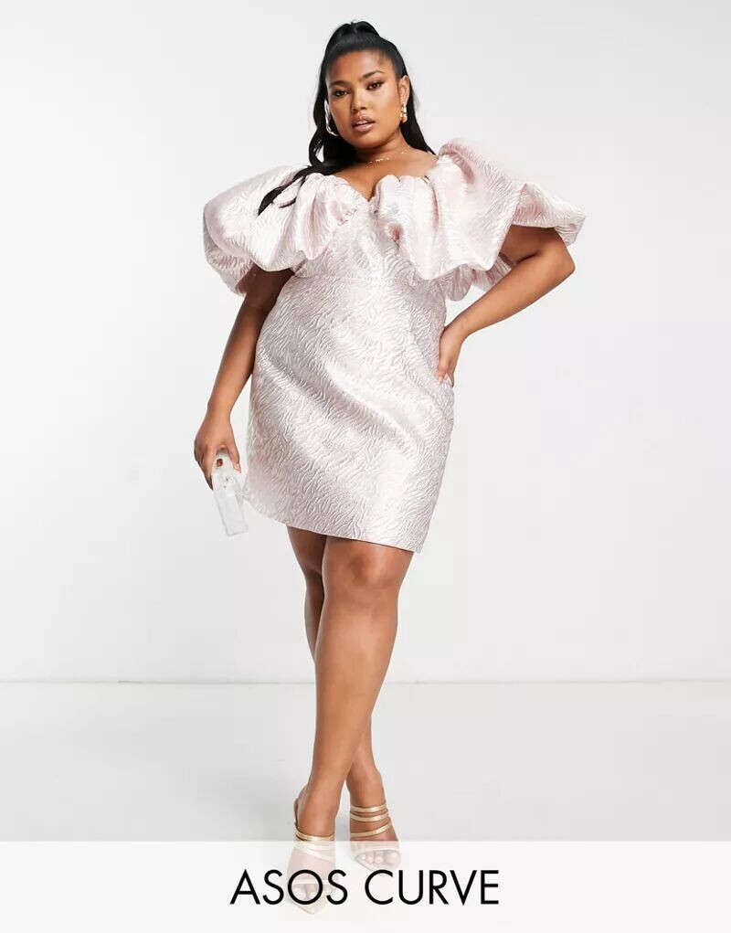 

Жаккардовое мини-платье ASOS Curve с рукавами-фонариками и вырезом кармен