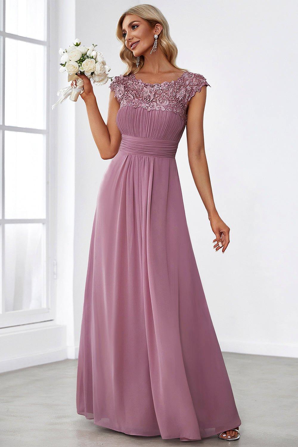 Пышное вечернее платье из шифона и кружева трапеции для свадьбы с короткими рукавами Ever Pretty, розовый