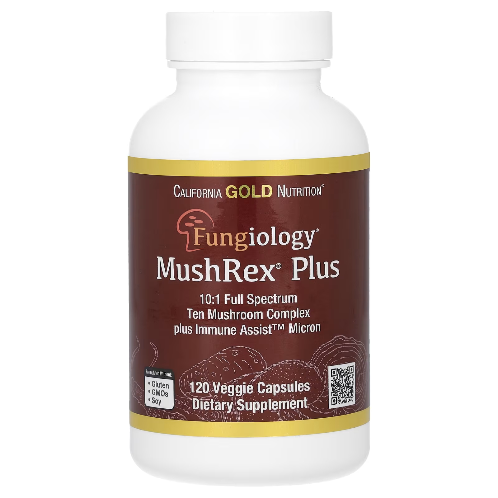 Fungiology MushRex Plus Грибной комплекс полного спектра Сертифицированный органический стимулятор иммунитета Micron 120 растительных капсул California Gold Nutrition