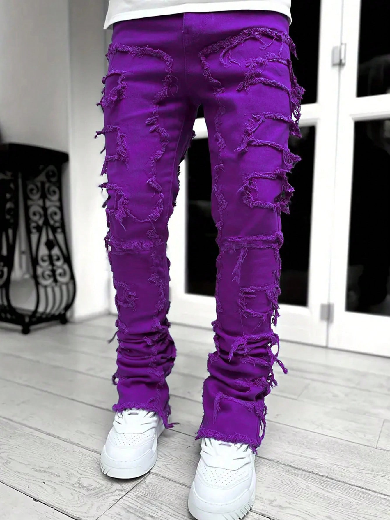 Модные мужские креативные джинсовые брюки с кисточками, фиолетовый