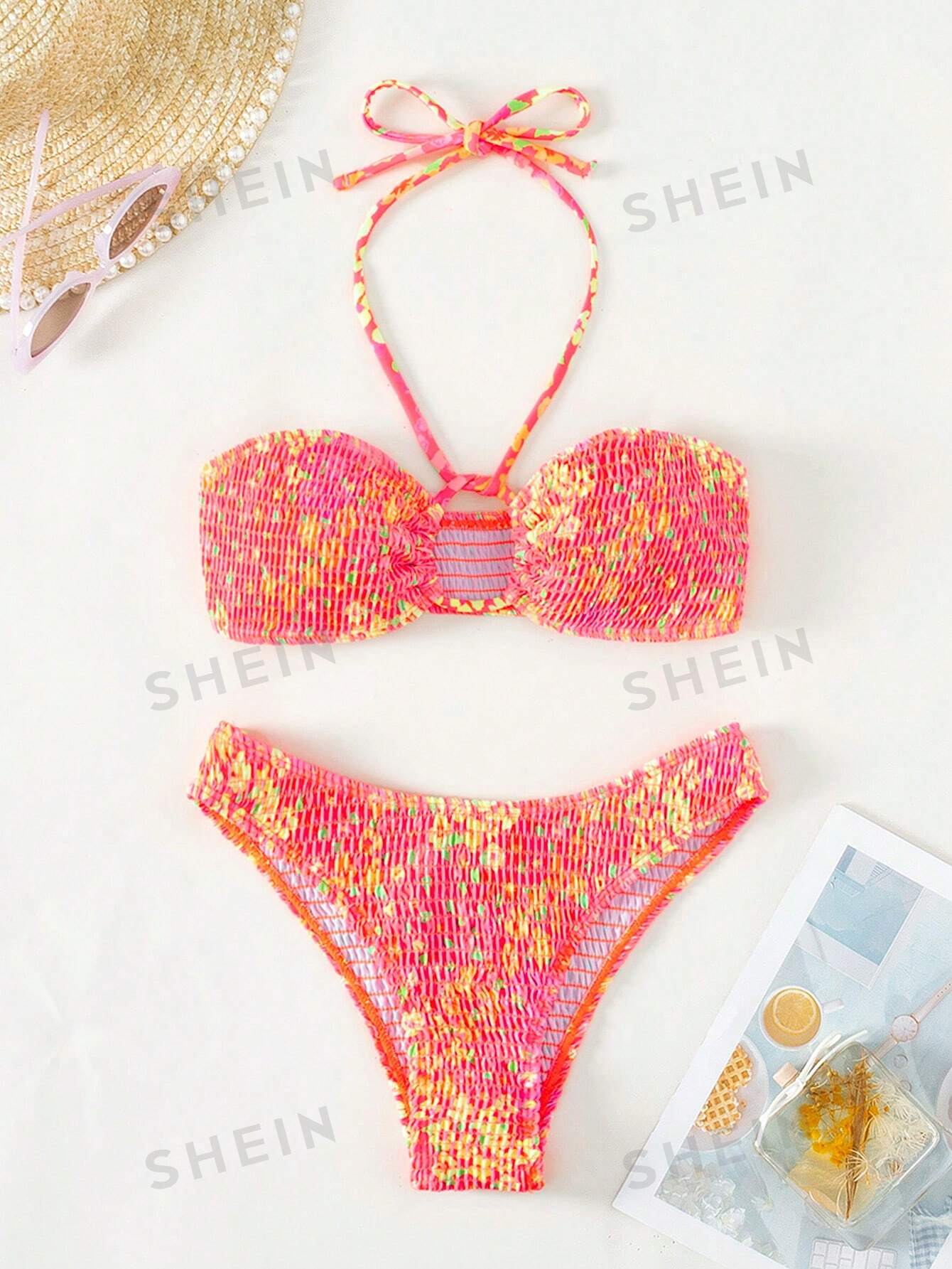 SHEIN Swim Vcay Sling Маленький комплект бикини с цветочным принтом и вырезом на шее, многоцветный